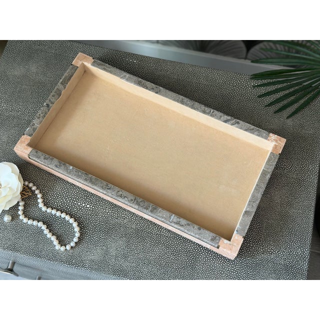 Vintage Mid-Century Modern Postmodern Tessellated Marble Mactan Stone and Brass Jewelry Trinket Lidded Box With Velvet Interior by Maitland-Smith For Sale - Image 12 of 12
