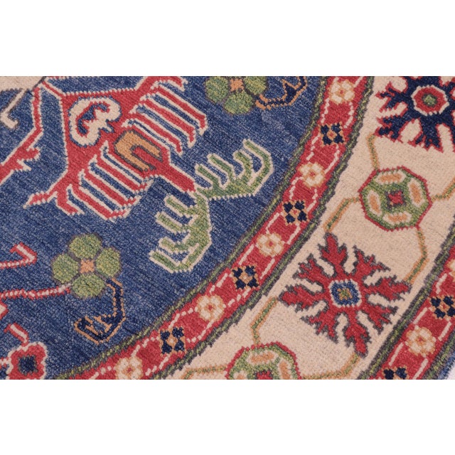 Southwestern Kazak Smoot Blue/Ivory Wool Round Rug- 4'10''x4'10'' For Sale - Image 4 of 9