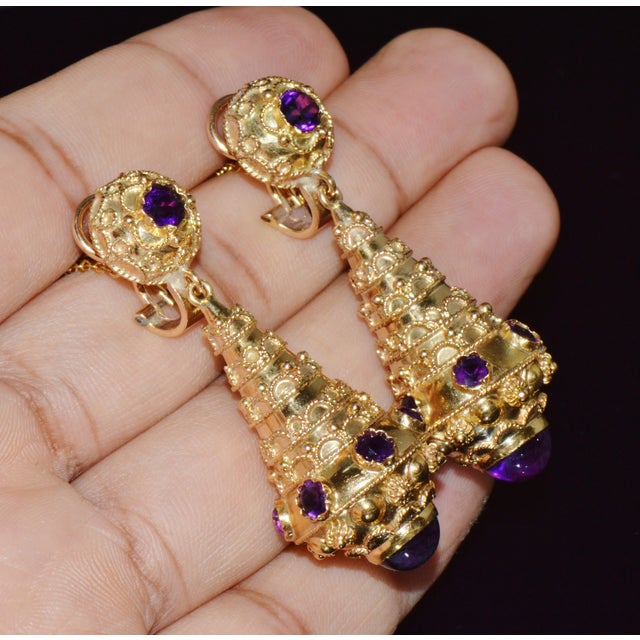 Late 19th Century Gorgeous Italian Etruscan Revival 18k 750 Solid Gold Amethyst Dangle Chandelier Earrings For Sale - Image 4 of 13