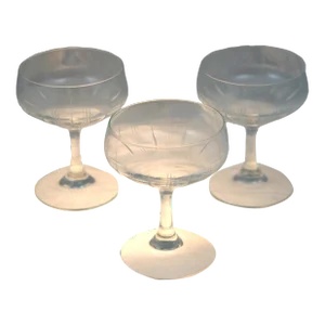 Mid Century Modern Thin Delicate Glass Champagne Coupes Etched Vertical Lines- Set of 3