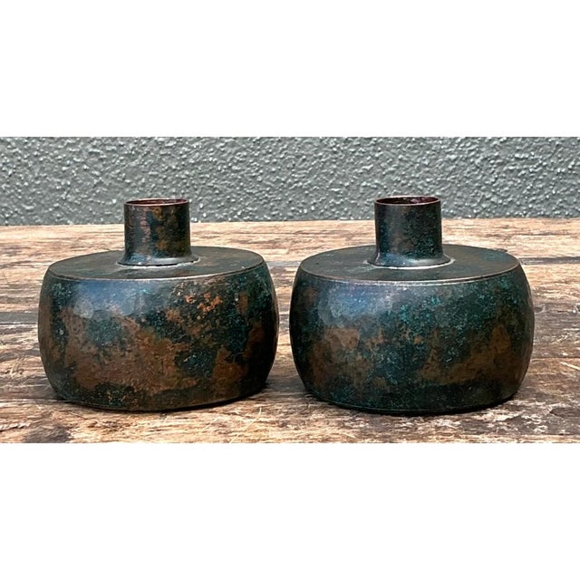 Vintage Patinated Metal Vases - Pair For Sale - Image 9 of 12