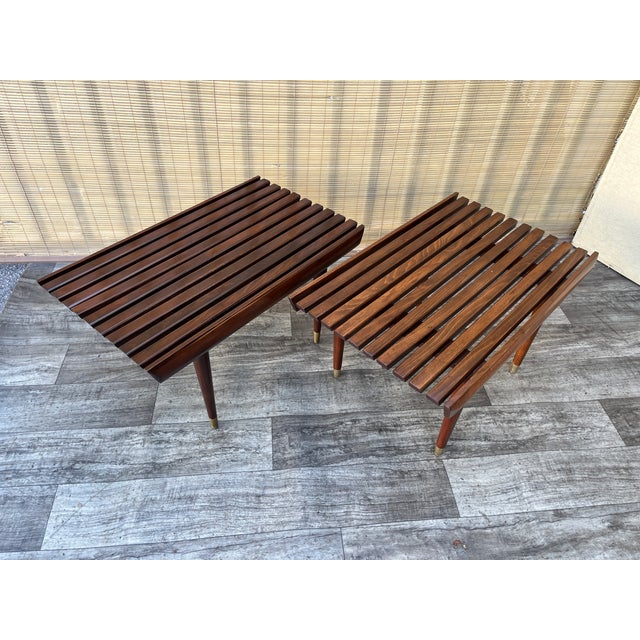 A Pair of Newly Restored Mid Century Modern George Nelson Style Wood Slat Benches / Side Tables. For Sale In Miami - Image 6 of 18