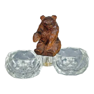 Antique Salt and Pepper Bowl With Wooden Carved Bear