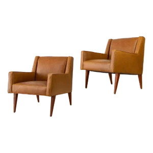 1950s Mid Century Modern Edward Wormley for Dunbar Leather Lounge Chairs No. 603 Mrs. Chair - a Pair