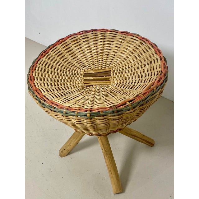 Wood Vintage Rattan Stool, 1970s For Sale - Image 7 of 12