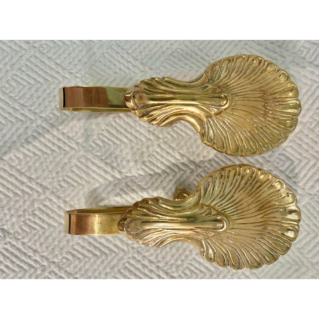 Hollywood Regency Pair Vintage Solid Brass Shell Hollywood Regency Curtain Tiebacks For Sale - Image 3 of 6