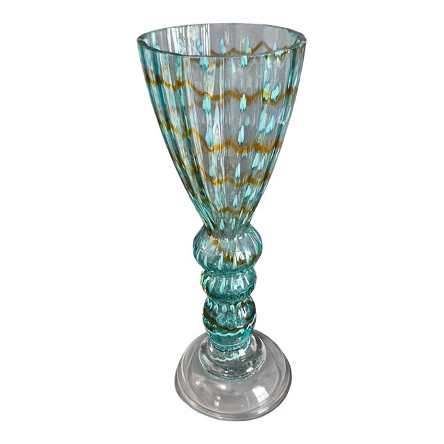 Vintage Mid-Century Modern Italian Art Glass Aqua Blue Pedestal Vase For Sale