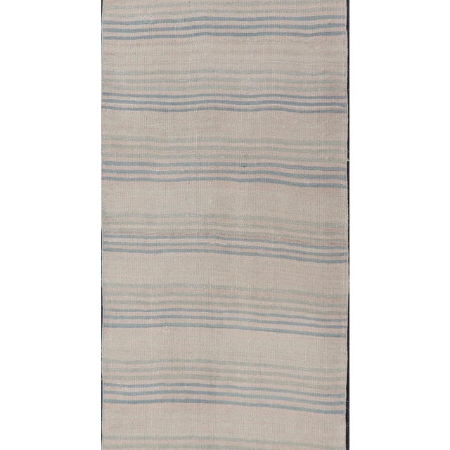 Ivory Stripe Design Turkish Vintage Kilim Runner in Shades of Ivory and Light Blue For Sale - Image 8 of 12