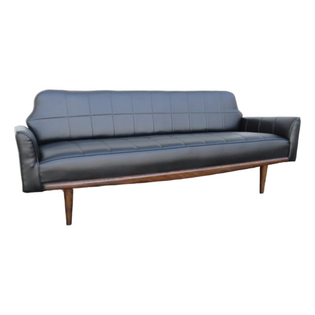 Mid Century Modern Black Vinyl Long Couch Sofa 6267 For Sale