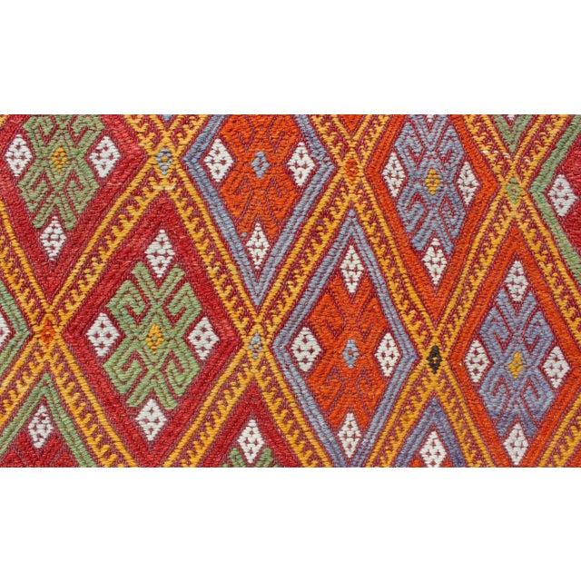 Mid 20th Century Vintage Turkish Embroidered Jijim Kilim With All-Over Diamond Design in Bright Colors For Sale - Image 10 of 13