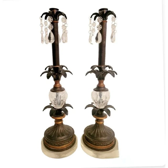 1970s Vintage Iron Lucite Crystal Tall Hollywood Regency Palm Leaf Candle Stick Holders- a Pair For Sale - Image 5 of 12