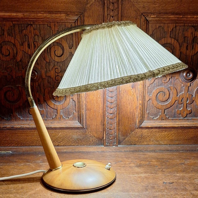 1960s Mid-Century Adjustable Walnut Table Lamp with Brass Fittings and Fabric Shade from Temde, 1960s For Sale - Image 5 of 8