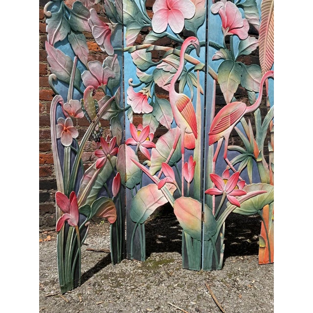 Original 1950s MCM Hand Painted Flamingo Tropical 5 Panel Carved Wood Room Divider For Sale - Image 9 of 14