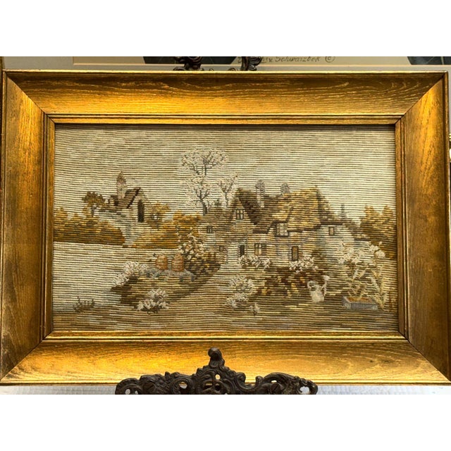 C1900 Florentine Gilt Wood Framed Intricate Needlepoint-Pastoral Village 17x12 For Sale In Philadelphia - Image 6 of 17