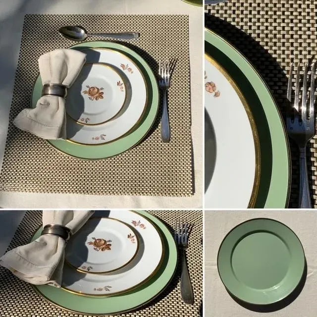 MacKenzie-Childs Sage Green Enamel Charger Plate, Handmade Metal Rim, 12", Aurora Ny — Set Available For Sale - Image 13 of 18