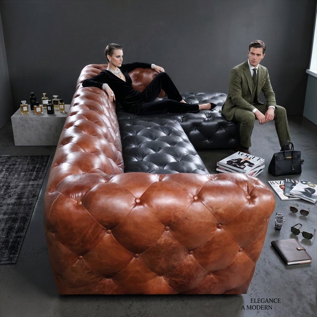 A contemporary reinterpretation of the iconic Chesterfield, this sectional merges classic deep tufting with a bold two-...