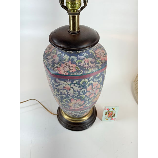 Wood Vintage Frederick Cooper Hand Painted Floral Chinoiserie Lamp, With: Original F. C. Shade. For Sale - Image 7 of 12