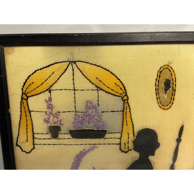 Folk Art Silk Silhouette Embroidery Framed Picture of Woman and Dog for your consideration. The framed picture measures...