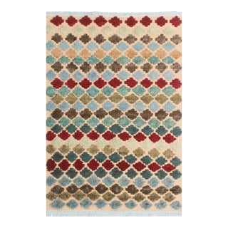 1990s 1990s Modern Moroccan High-Low Beige/Blue Wool Rug - 5'0'' X 7'7'' For Sale