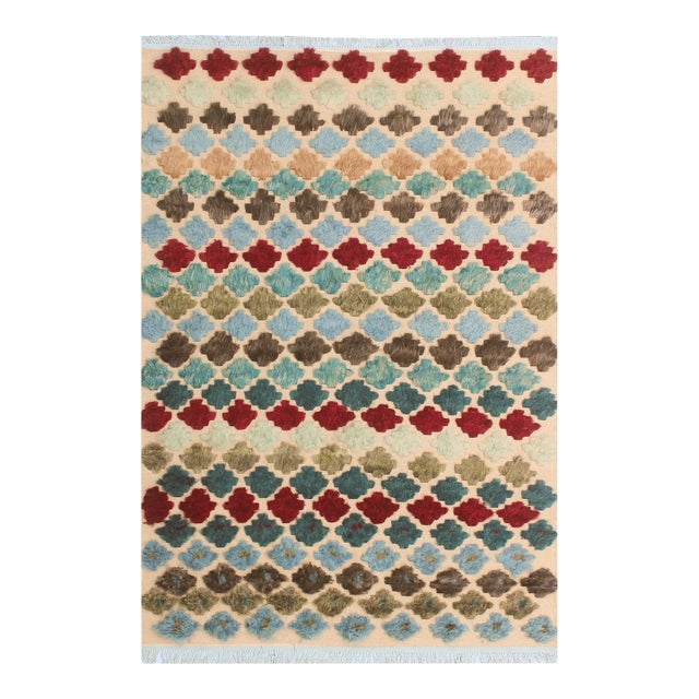 1990s 1990s Modern Moroccan High-Low Beige/Blue Wool Rug - 5'0'' X 7'7'' For Sale