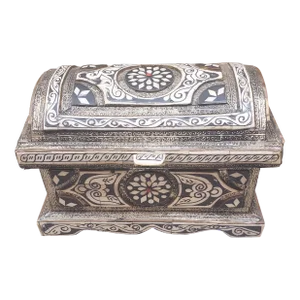 Moroccan Black and White Resin and Metal Inlaid Cedar Wood Trunk