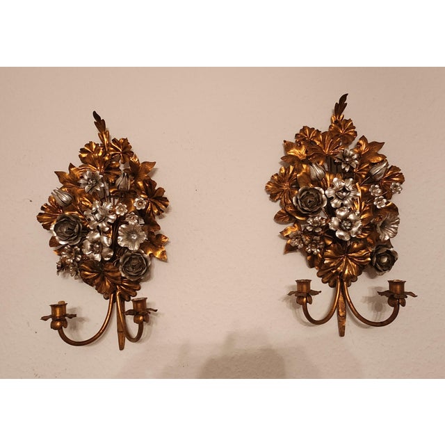 Gold Hand-Forged Gold-Plated and Silver-Plated Candle Wall Lamps by S. Salvadori, Italy, 1950s, Set of 2 For Sale - Image 8 of 18