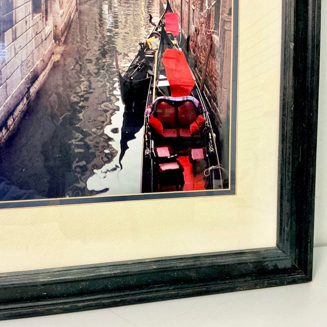 1980s Vintage Italian Boho Chic Cityscape Canal With Red Gondola at Dock Framed Photography For Sale - Image 14 of 18