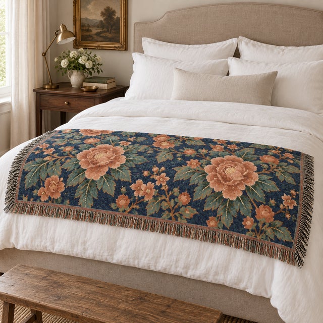Bunny Williams Home Navy and Terracotta Floral Woven Throw Blanket – 60 × 50 For Sale - Image 4 of 6