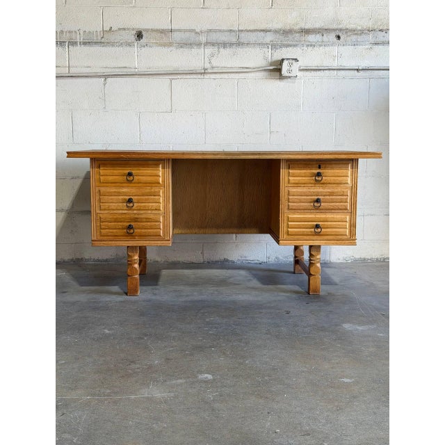 In Style of Henning Kjærnulf Oak Executive Desk With 6 Drawers Open Bookshelf Denmark Mid-Century Modern 1960s For Sale - Image 10 of 12