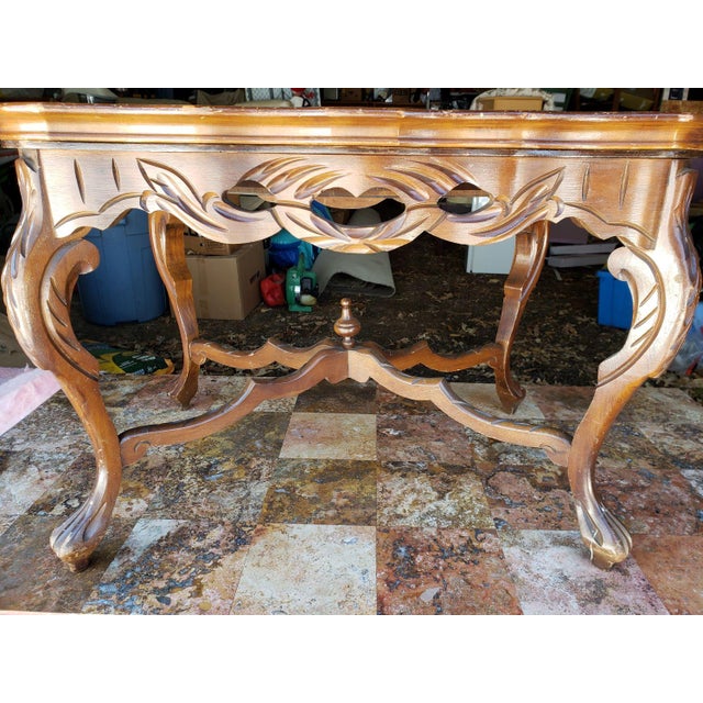 1940's Traditional Style Carved Cherub Wood Table Removable Glass Tray For Sale - Image 4 of 11