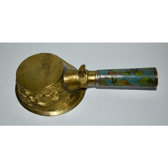 Gold Antique Chinese Brass Silk Iron Coal Pan W/Cloisonné Handle With Flowers For Sale - Image 8 of 13