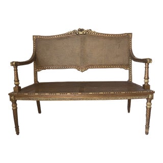 French Baroque Gold Cane Louis XVI Style Carved Giltwood Caneback Settee For Sale