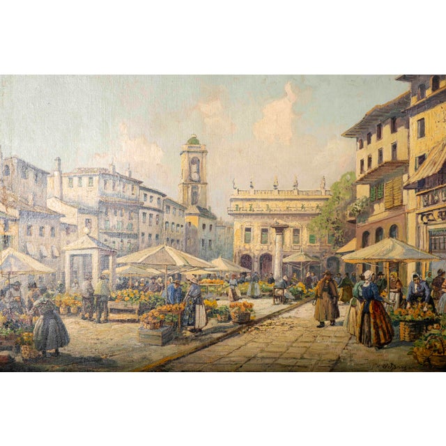 A wonderfully detailed large-scale original oil painting depicting a bustling European flower and produce market, signed...