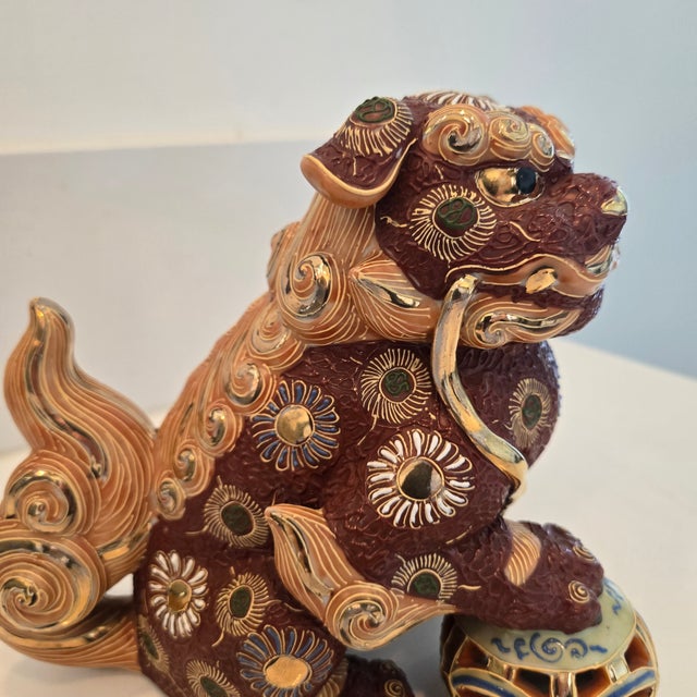 Ceramic Vintage Mid-Century Japanese Kutani Porcelain Komainu Shishi Guardian Lion on Pierced Temari Ball For Sale - Image 7 of 12