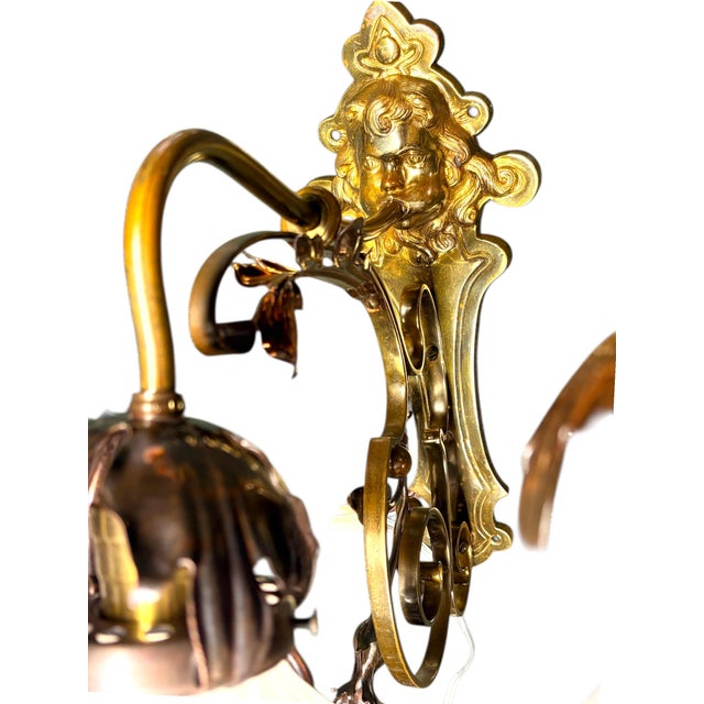 1900 Art Nouveau Brass and Copper Sconces With Antique Floral Irridescent Shades #2618 - a Pair For Sale - Image 11 of 14