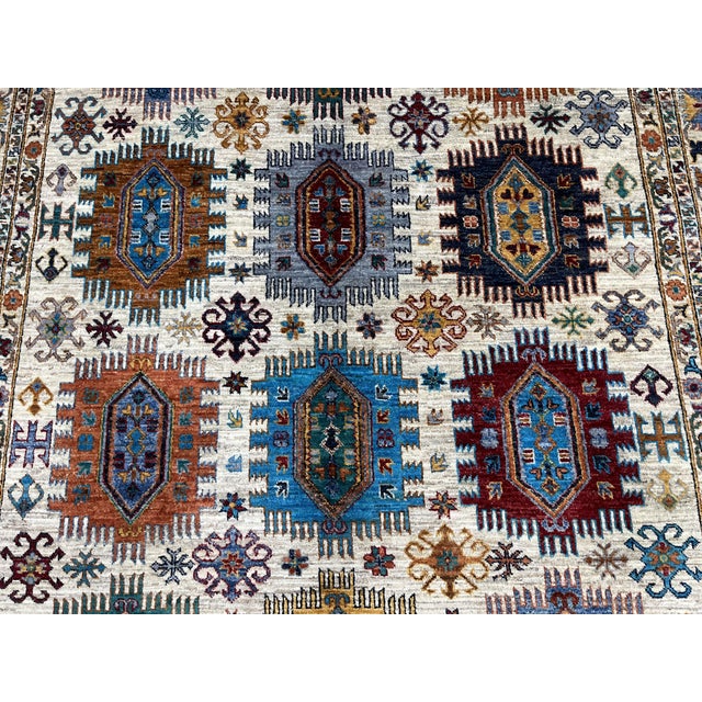 Ivory & Blue Afghan Sultani Natural Dye Wool Rug, Tribal Geometric Medallions, 6′8″ × 9′11″ For Sale - Image 9 of 15