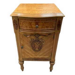 Antique French Provincial Hand Carved Wooden Nightstand, Burl Wood Inlay, Refinished For Sale