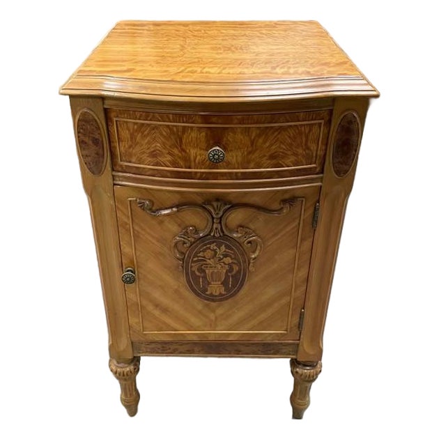 Antique French Provincial Hand Carved Wooden Nightstand, Burl Wood Inlay, Refinished For Sale