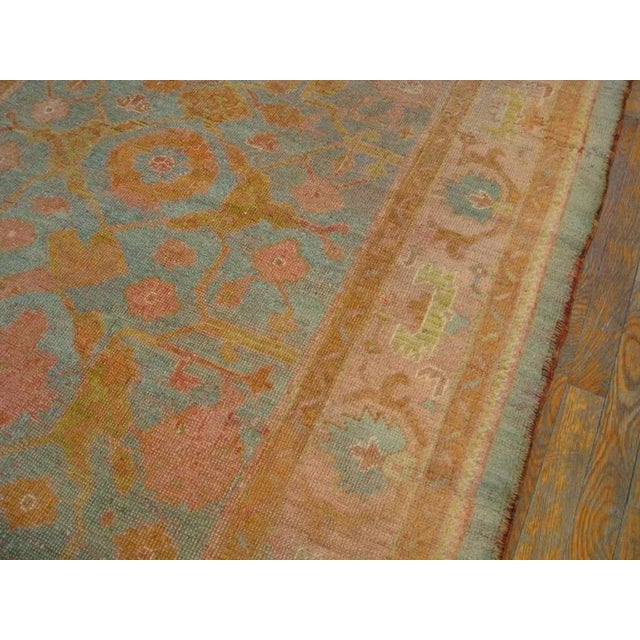 Traditional 1880s Sky Blue Geometric Antique Turkish Oushak Carpet 4'10 X 8'8" Knotted Wool Rug For Sale - Image 3 of 10