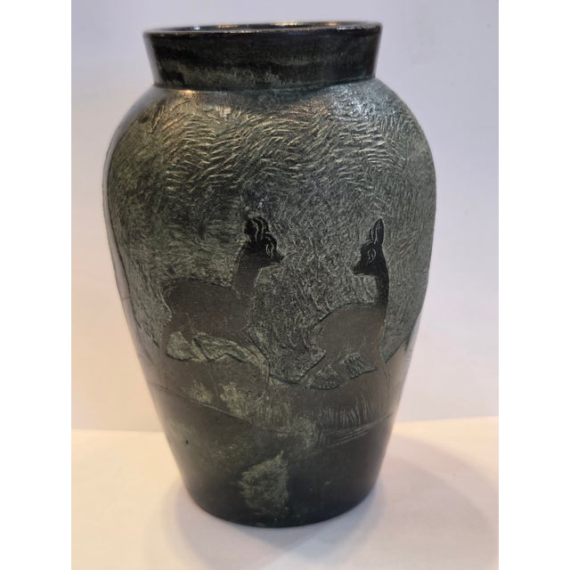 1950s Vintage Relief Carved Soapstone Vase Italian 1960s With Deer Trees & Mountains For Sale - Image 5 of 8