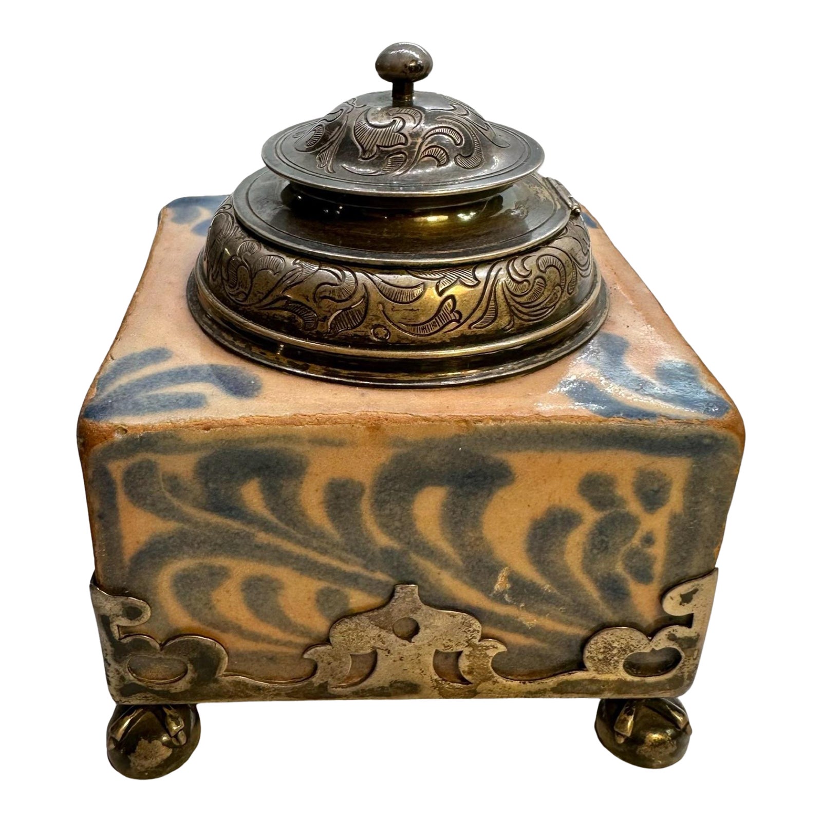 Circa 1880 Glazed Earthenware Inkwell With Sterling Silver Mounts ...