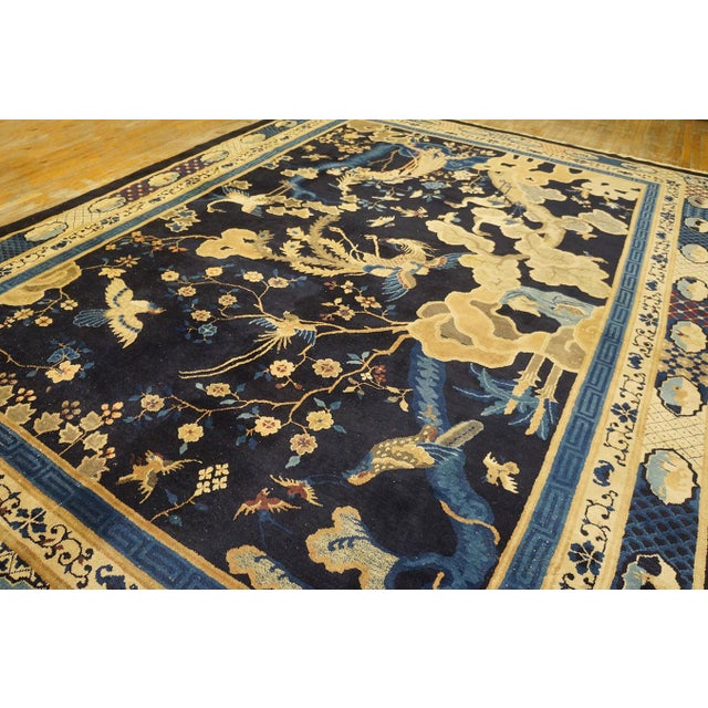Early 20th Century Fascinate Navy Background With Original Sprays Flowers and Animals Antique Chinese Peking Rug For Sale - Image 5 of 12