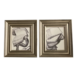 1970’s 2 Original Abstract Ink Drawings Wide Silver Frames-A Pair For Sale