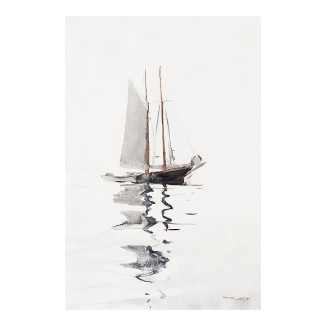 Schooner Sailboat With Dory, Vintage Art Print Reproduction, 24″ × 36″ For Sale