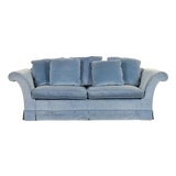Baker Furniture Blue Velvet Upholstered Roll Arm Sofa For Sale