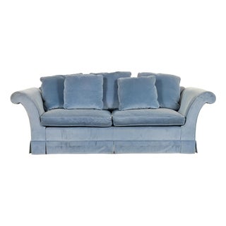Baker Furniture Blue Velvet Upholstered Roll Arm Sofa For Sale