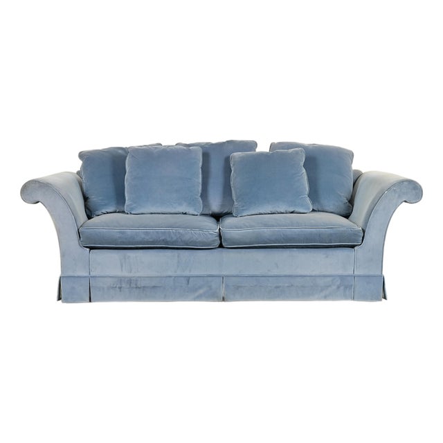 Baker Furniture Blue Velvet Upholstered Roll Arm Sofa For Sale