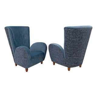 Italian High-Back Armchairs in Blue Velvet and Chenille attributed to Paolo Buffa, 1950, Set of 2 For Sale