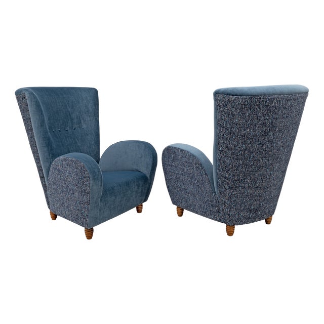 Italian High-Back Armchairs in Blue Velvet and Chenille attributed to Paolo Buffa, 1950, Set of 2 For Sale
