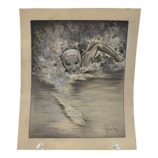 1940s Title: Original t.e. Schrock Signed Graphite Illustration of Female Swimmer, 8.5" X 10". For Sale